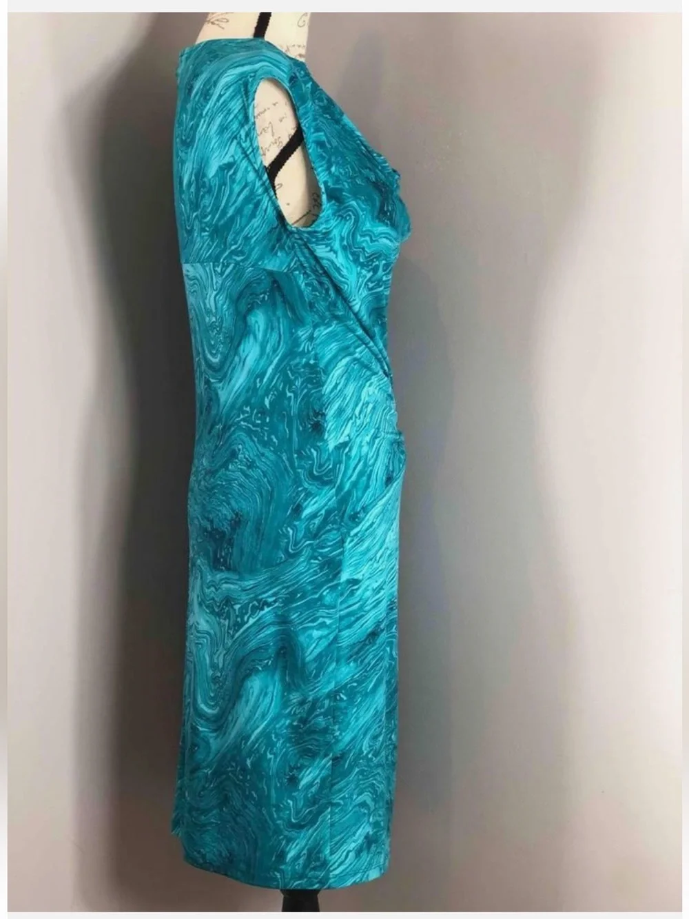 Michael Kors Womens Teal Marble Print Ruched Draped Twist Front Midi Dress PS